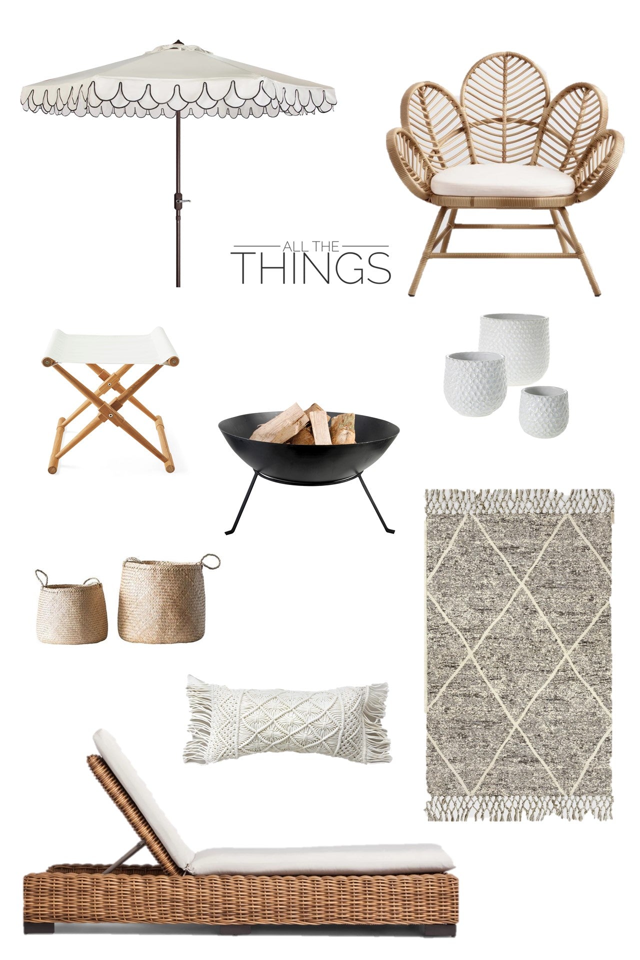 All the things: Outdoor Neutrals greige design black and white umbrella folding stool woven chaise lounge