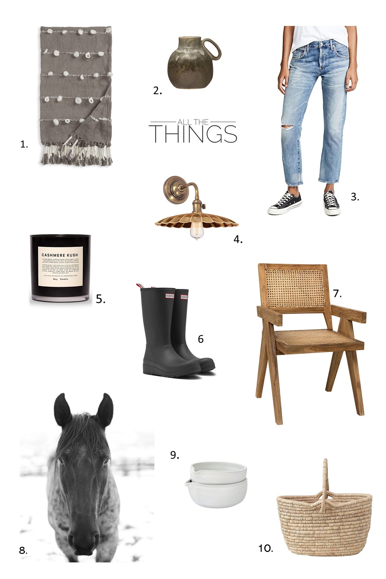 All the things september greige design shop + interiors black and white horse art hunter boots tassel throw boyfriend jeans citizens of humanity